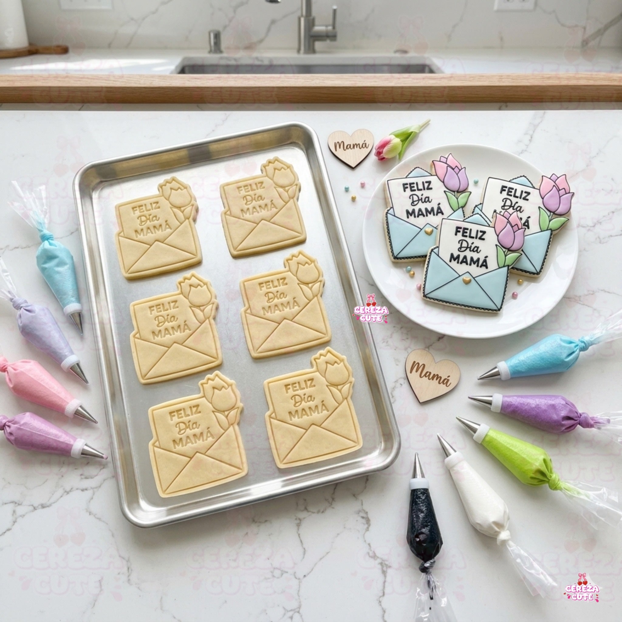 Cortador y sello de galleta Carta  Feliz dia Mama para fondant reposteria, galletas, masa fria y manualidades.