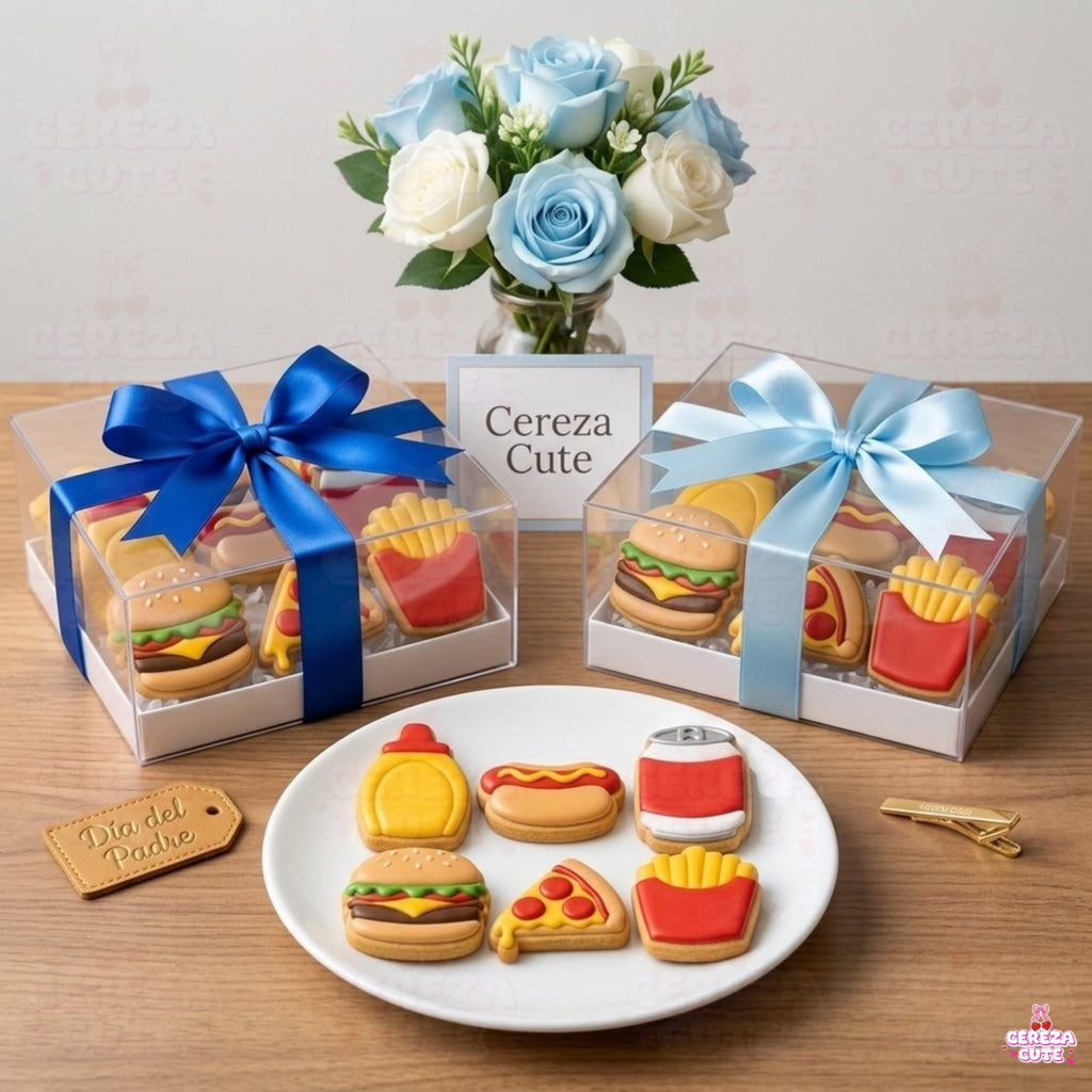 Cortadores y sellos de galletas Set de 6 diseños de comida rapida, papitas fritas, pizza de 5cm para fondant reposteria, galletas, masa fria y manualidades.