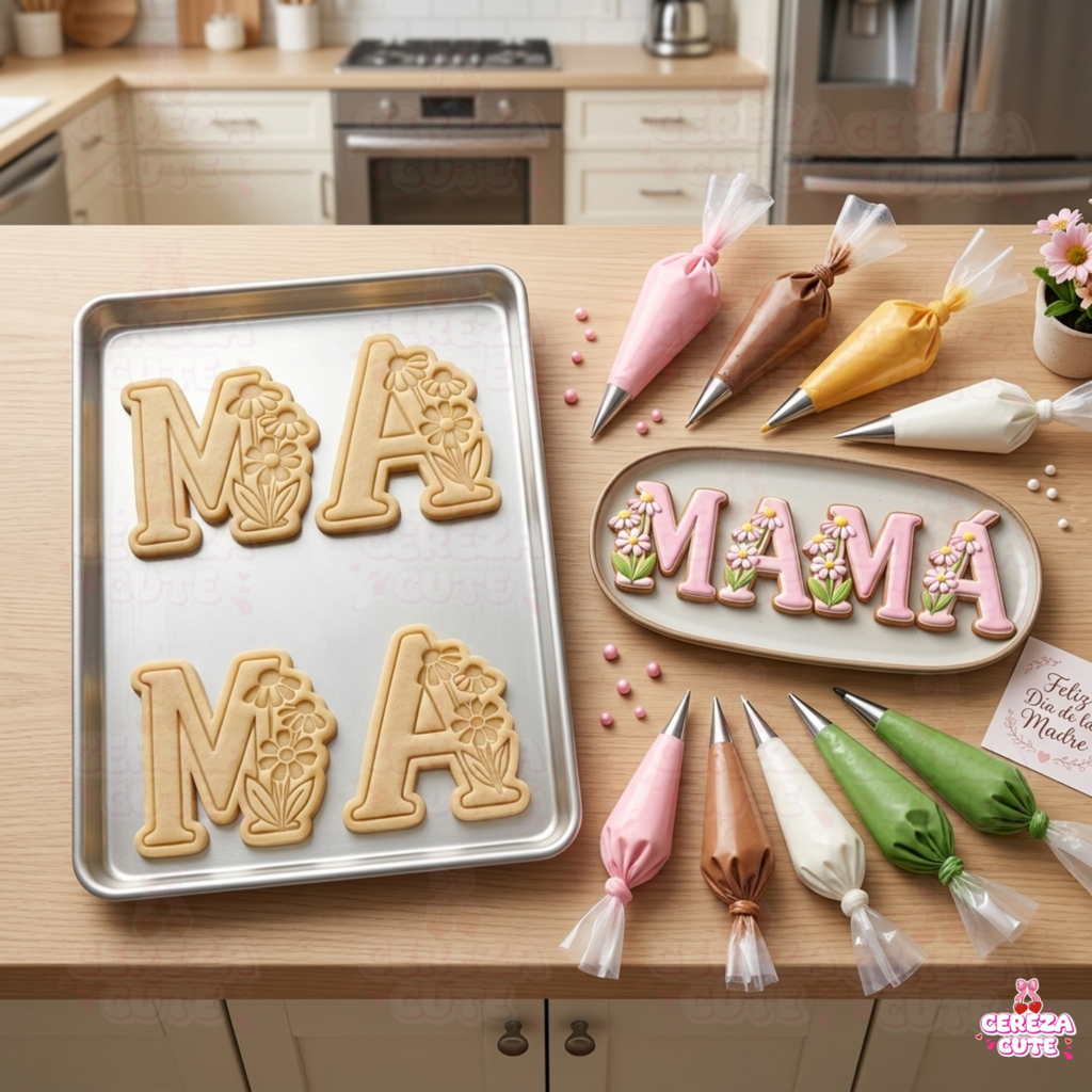 Cortadores y sellos de galletas de letras  MA dia de la madre para fondant reposteria, galletas, masa fria y manualidades.
