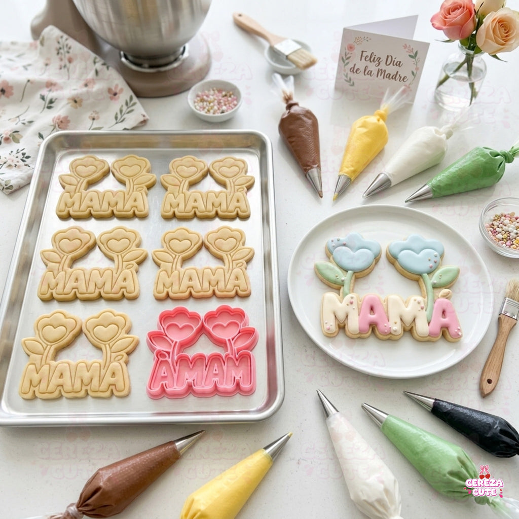 Cortador y sello de galleta Flores tulipanes mama para fondant reposteria, galletas, masa fria y manualidades.