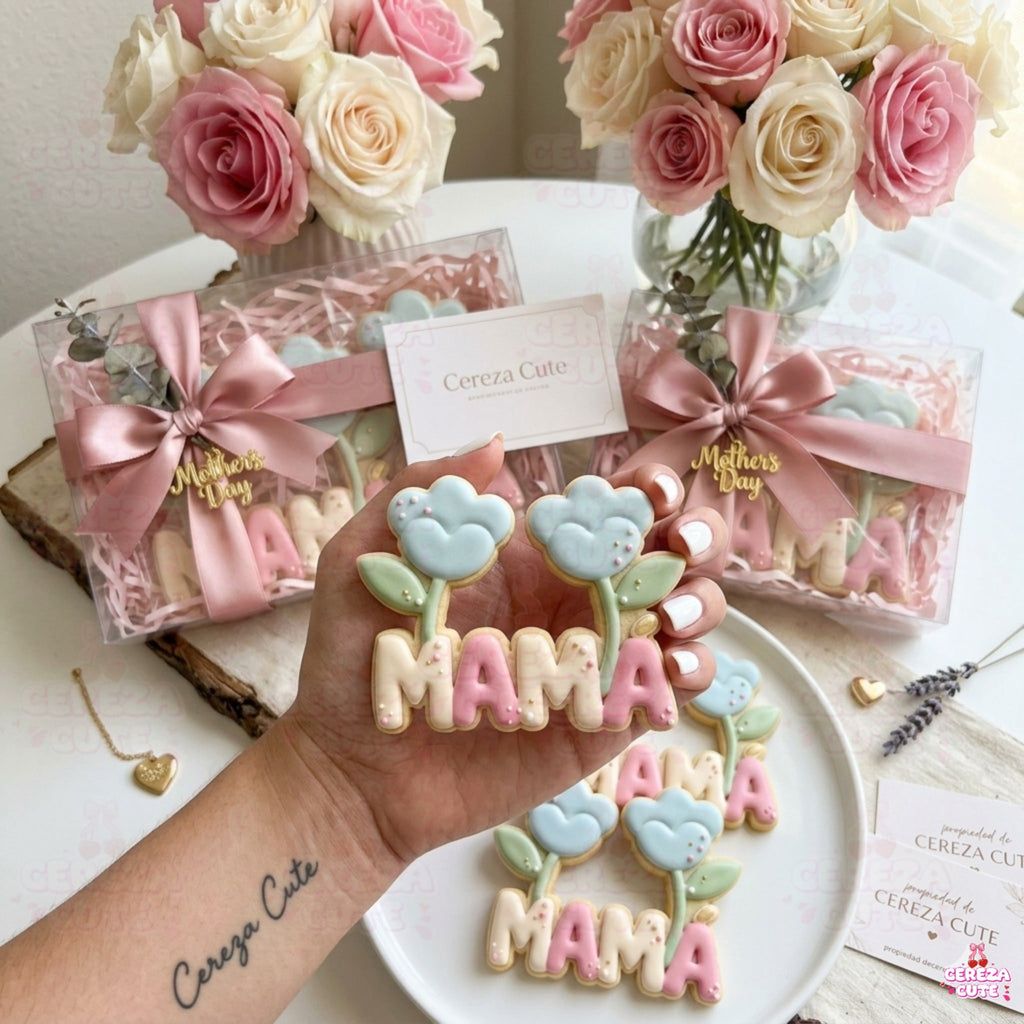 Cortador y sello de galleta Flores tulipanes mama para fondant reposteria, galletas, masa fria y manualidades.