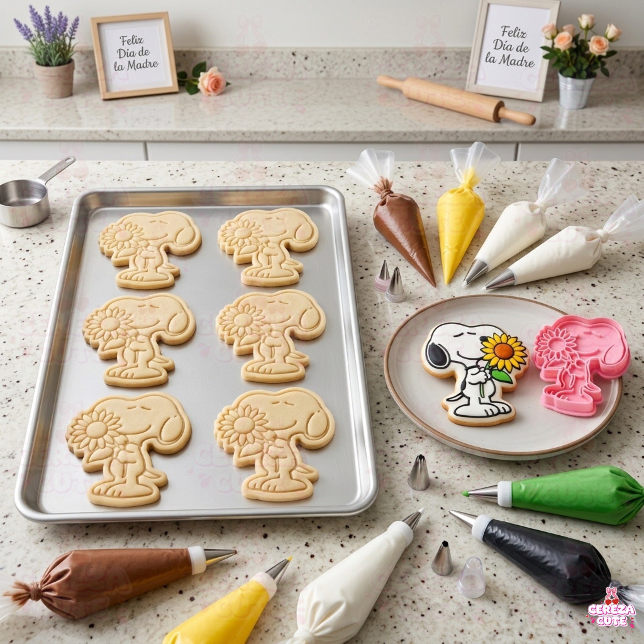 Cortador y sello de gallet perro animado con girasol para fondant reposteria, galletas, masa fria y manualidades.