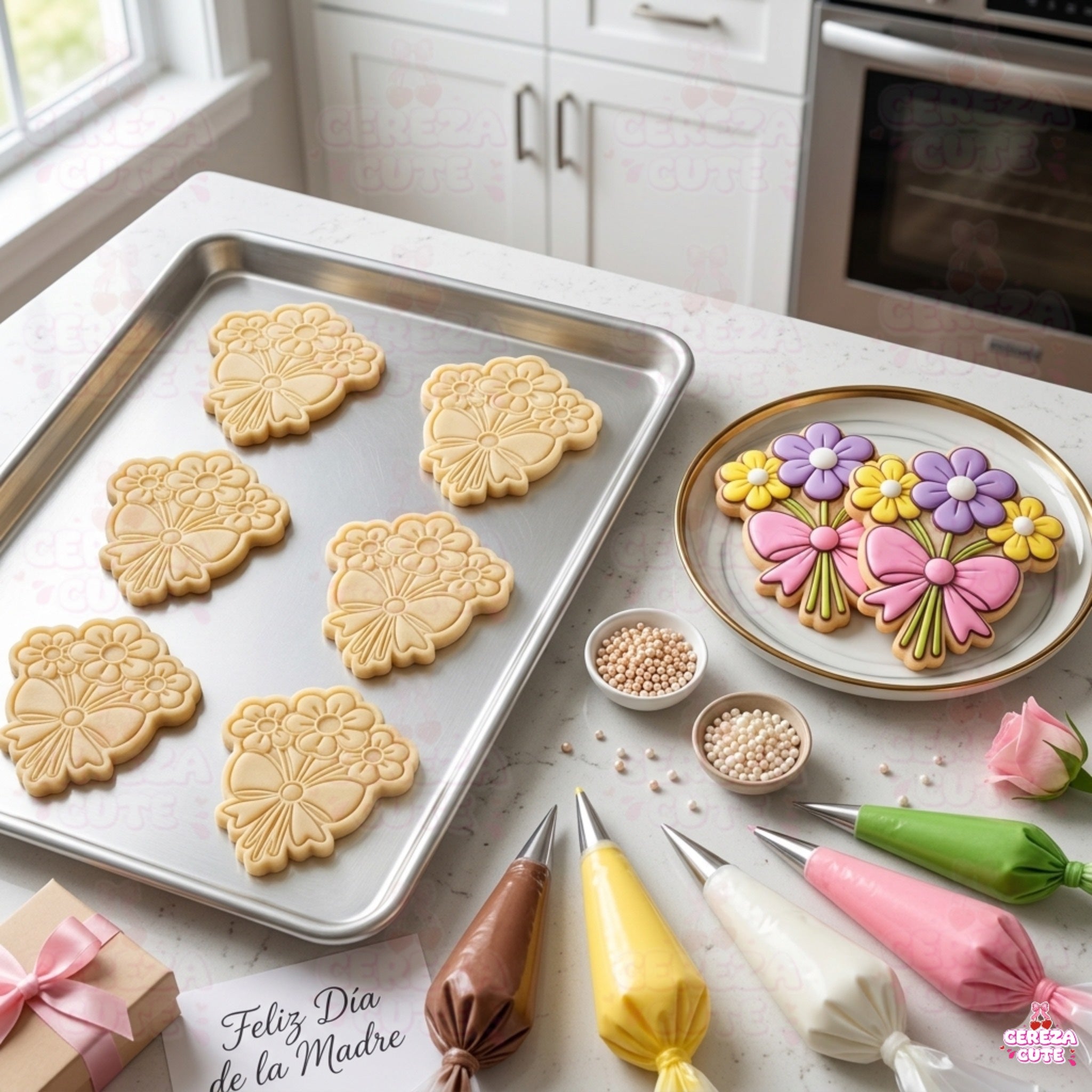 Cortador y sello de galletas Ramos de flores con lazo para fondant reposteria, galletas, masa fria y manualidades.