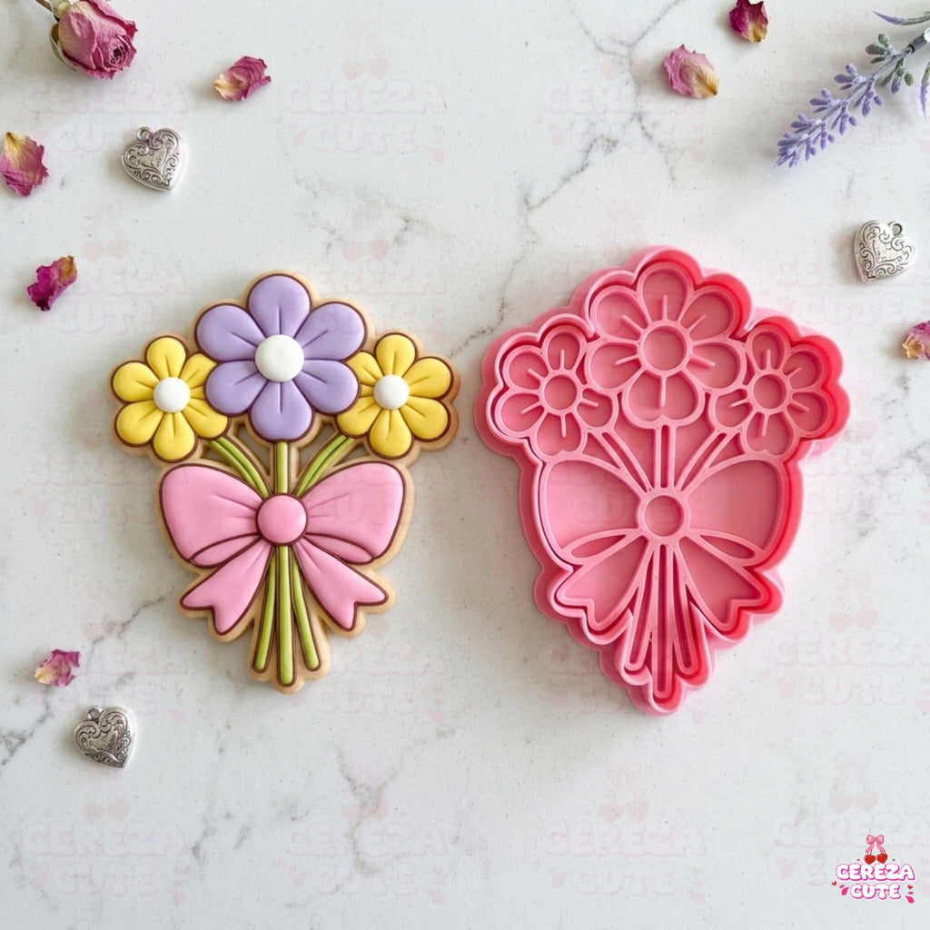 Cortador y sello de galletas Ramos de flores con lazo para fondant reposteria, galletas, masa fria y manualidades.