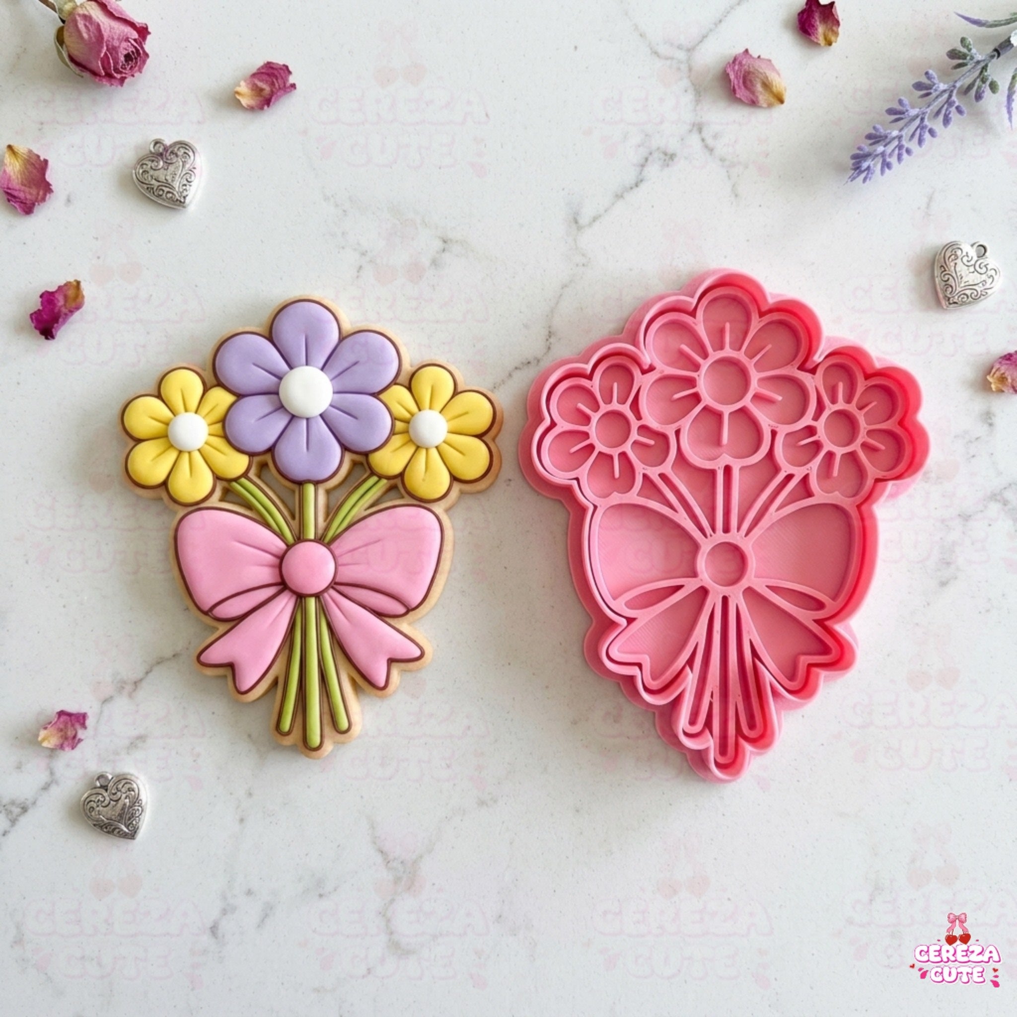 Cortador y sello de galletas Ramos de flores con lazo para fondant reposteria, galletas, masa fria y manualidades.