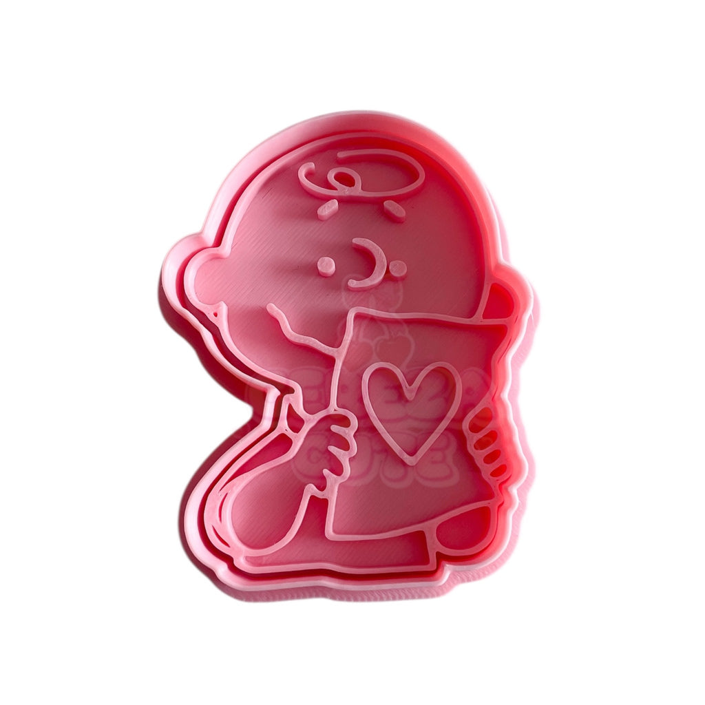 Cortador y sello de galleta Cabeza niño con corazon dibujo animado para fondant reposteria, galletas, masa fria y manualidades.