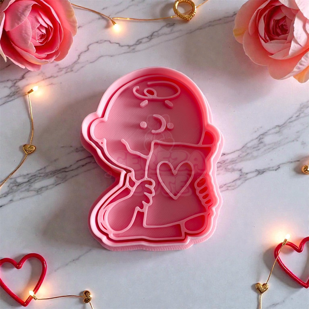 Cortador y sello de galleta Cabeza niño con corazon dibujo animado para fondant reposteria, galletas, masa fria y manualidades.