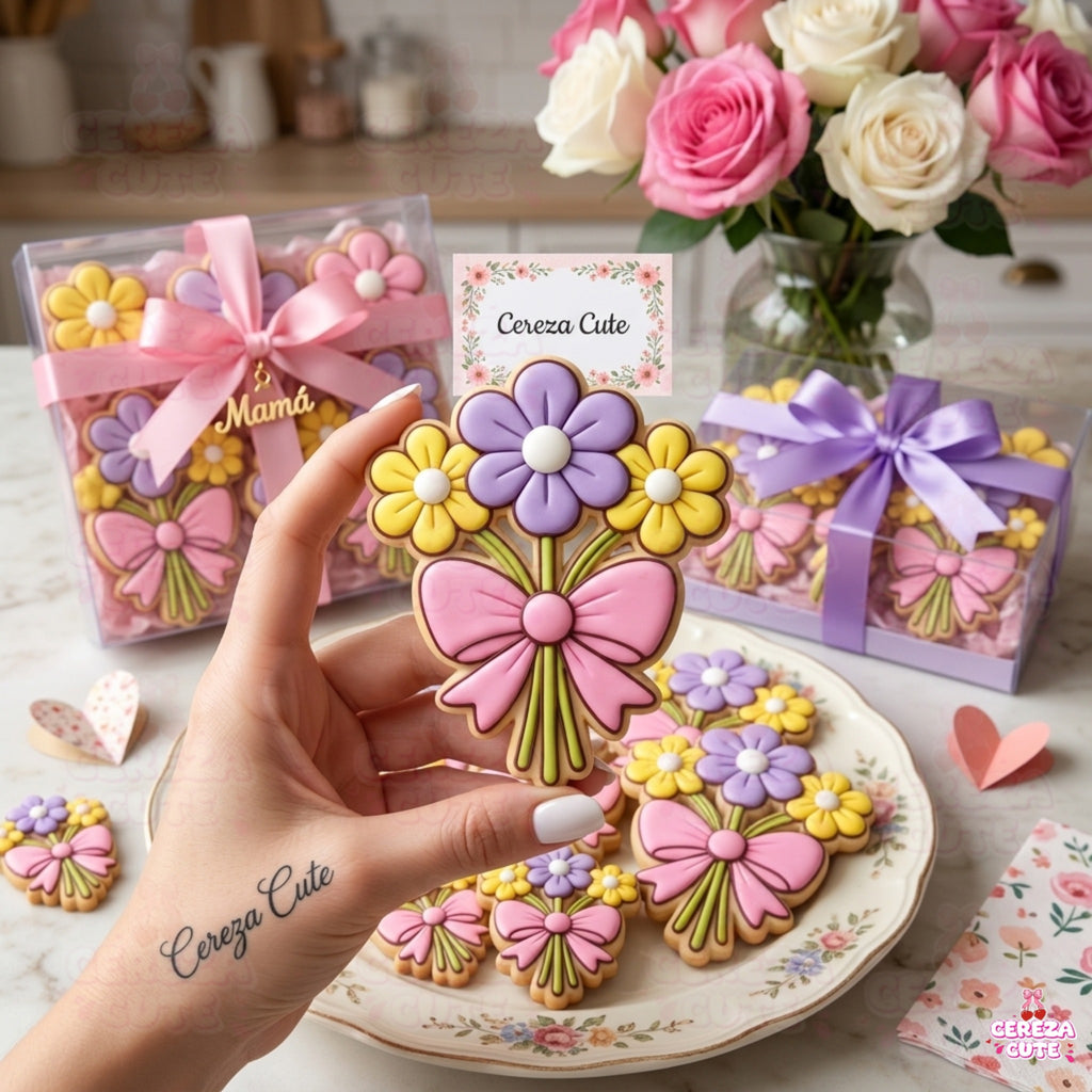 Cortador y sello de galletas Ramos de flores con lazo para fondant reposteria, galletas, masa fria y manualidades.