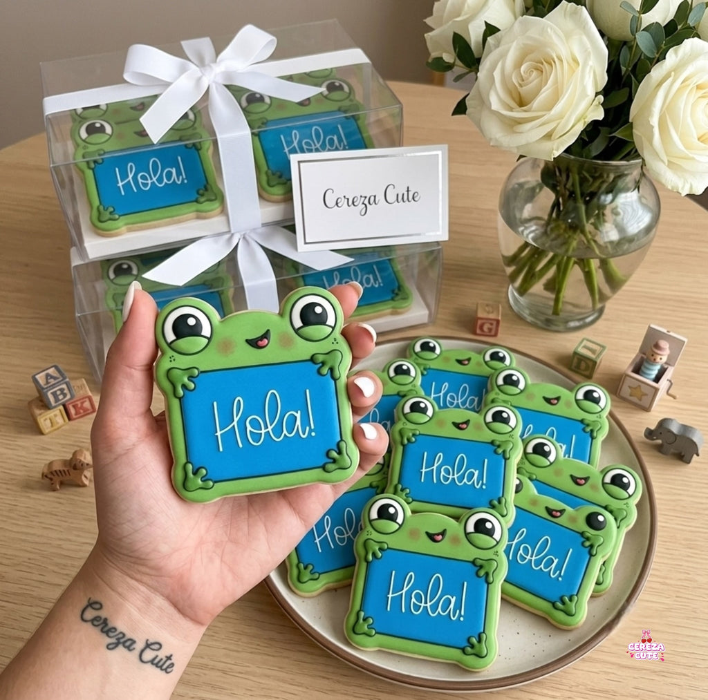 Cortador y sello de galleta juguete Tablet rana para fondant reposteria, galletas, masa fria y manualidades.