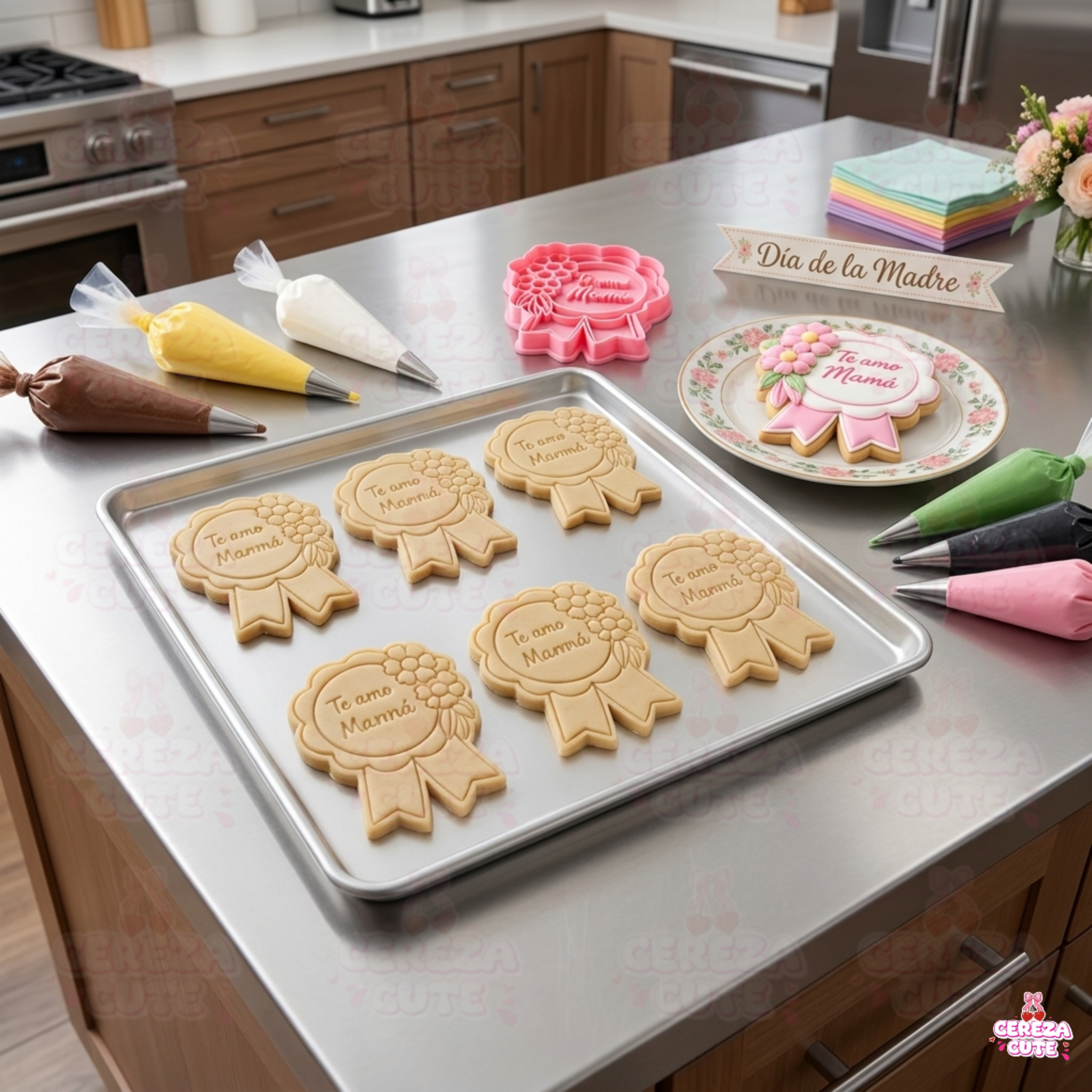 Cortador y sello de galletas Medalla TE AMO MAMA para fondant reposteria, galletas, masa fria y manualidades.