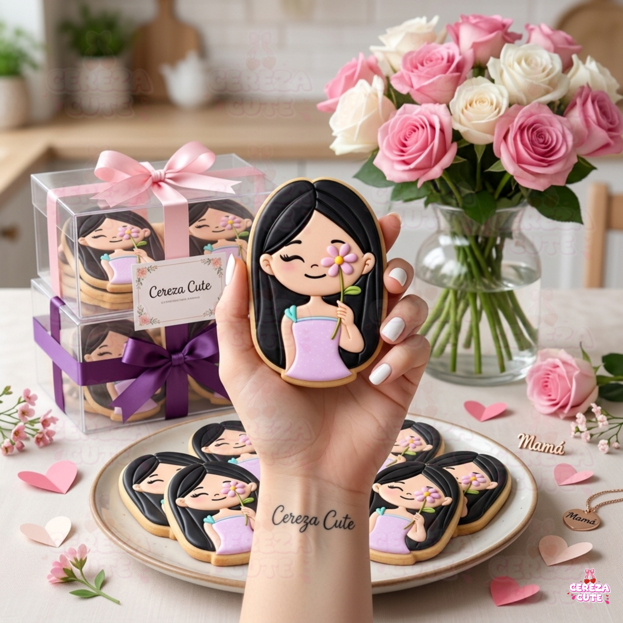 Cortador y sello de galletas Mujer con flor para fondant reposteria, galletas, masa fria y manualidades.
