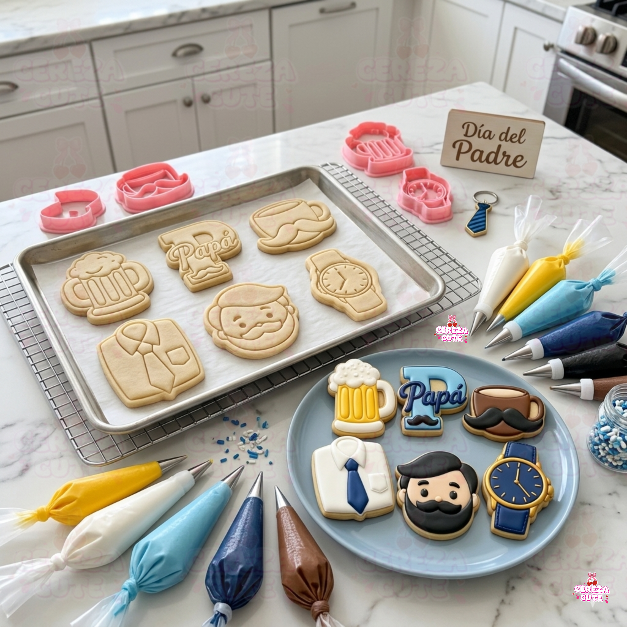 Cortadores y sellos de galletas Set de 6 diseños del dia del padre, de 5cm para fondant reposteria, galletas, masa fria y manualidades.