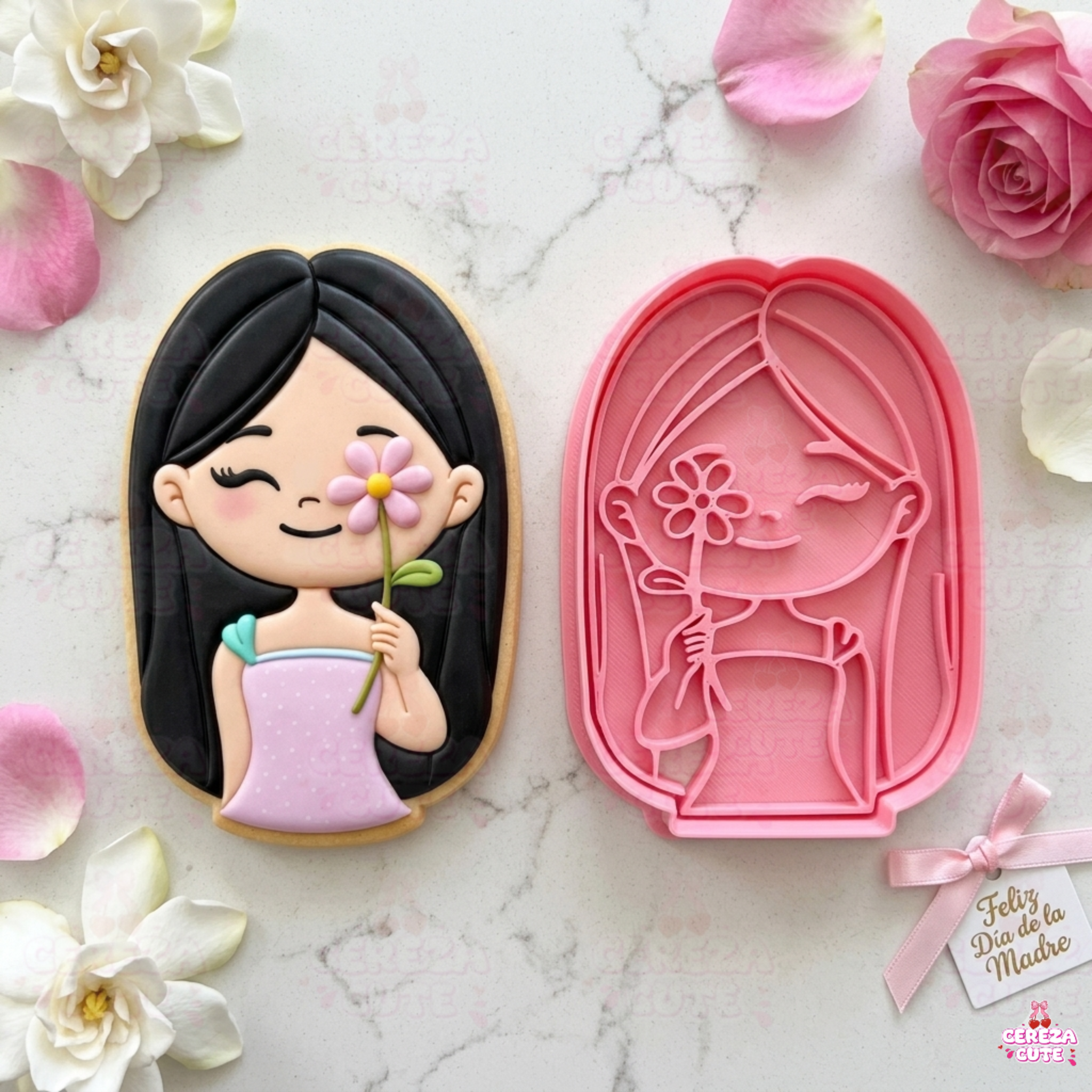 Cortador y sello de galletas Mujer con flor para fondant reposteria, galletas, masa fria y manualidades.