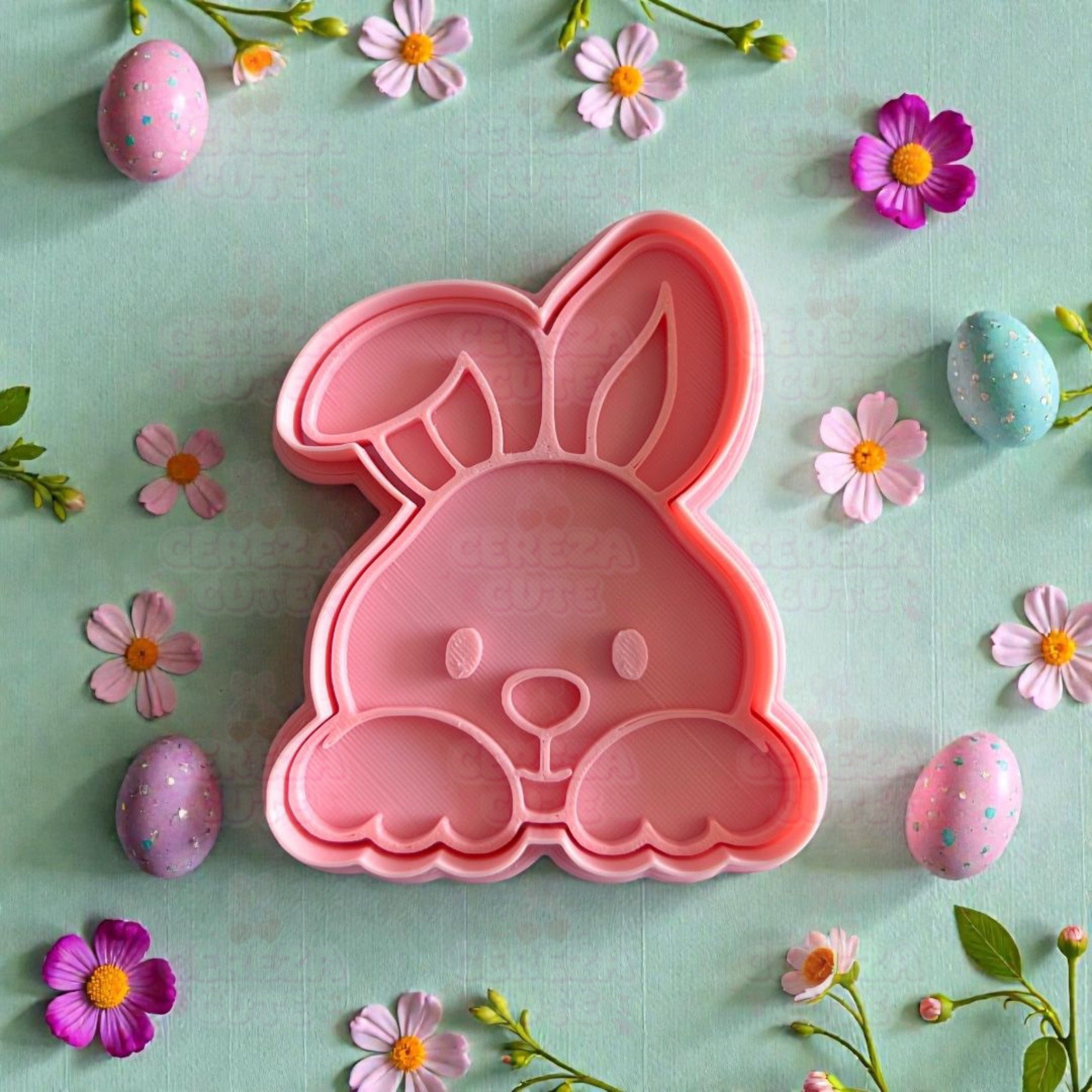 Cortador y sello de galleta Cara de conejo pascua para fondant reposteria, galletas, masa fria y manualidades.