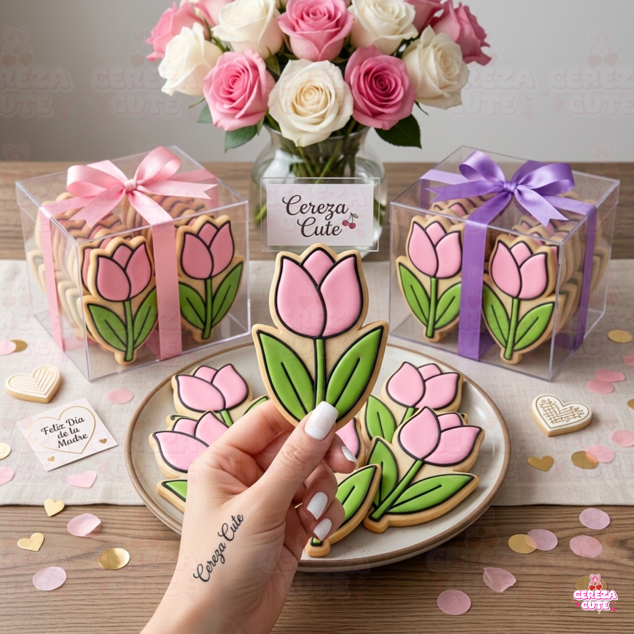 Cortador y sello de galletas Ramo de flores Tulipanes para fondant reposteria, galletas, masa fria y manualidades.