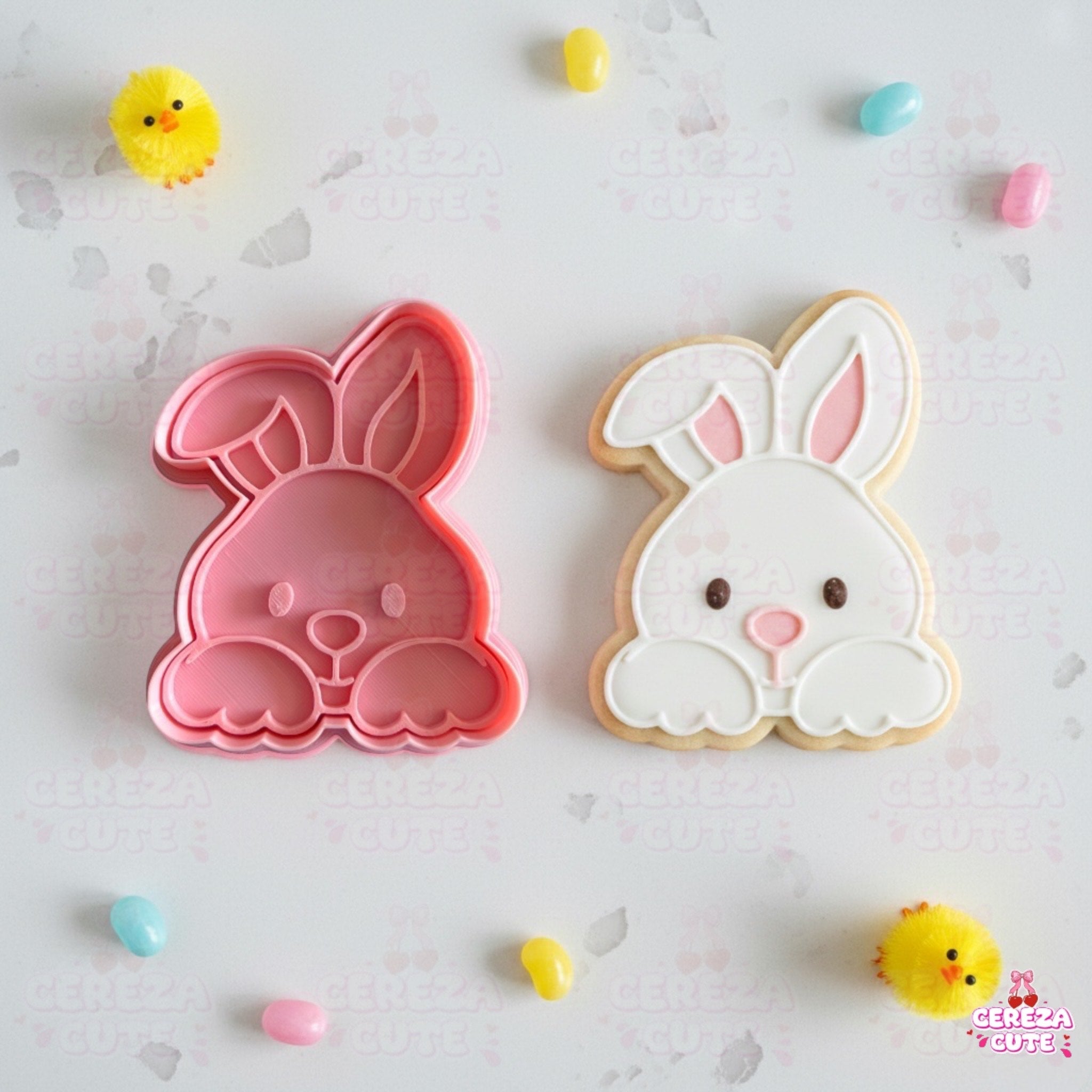 Cortador y sello de galleta Cara de conejo pascua para fondant reposteria, galletas, masa fria y manualidades.