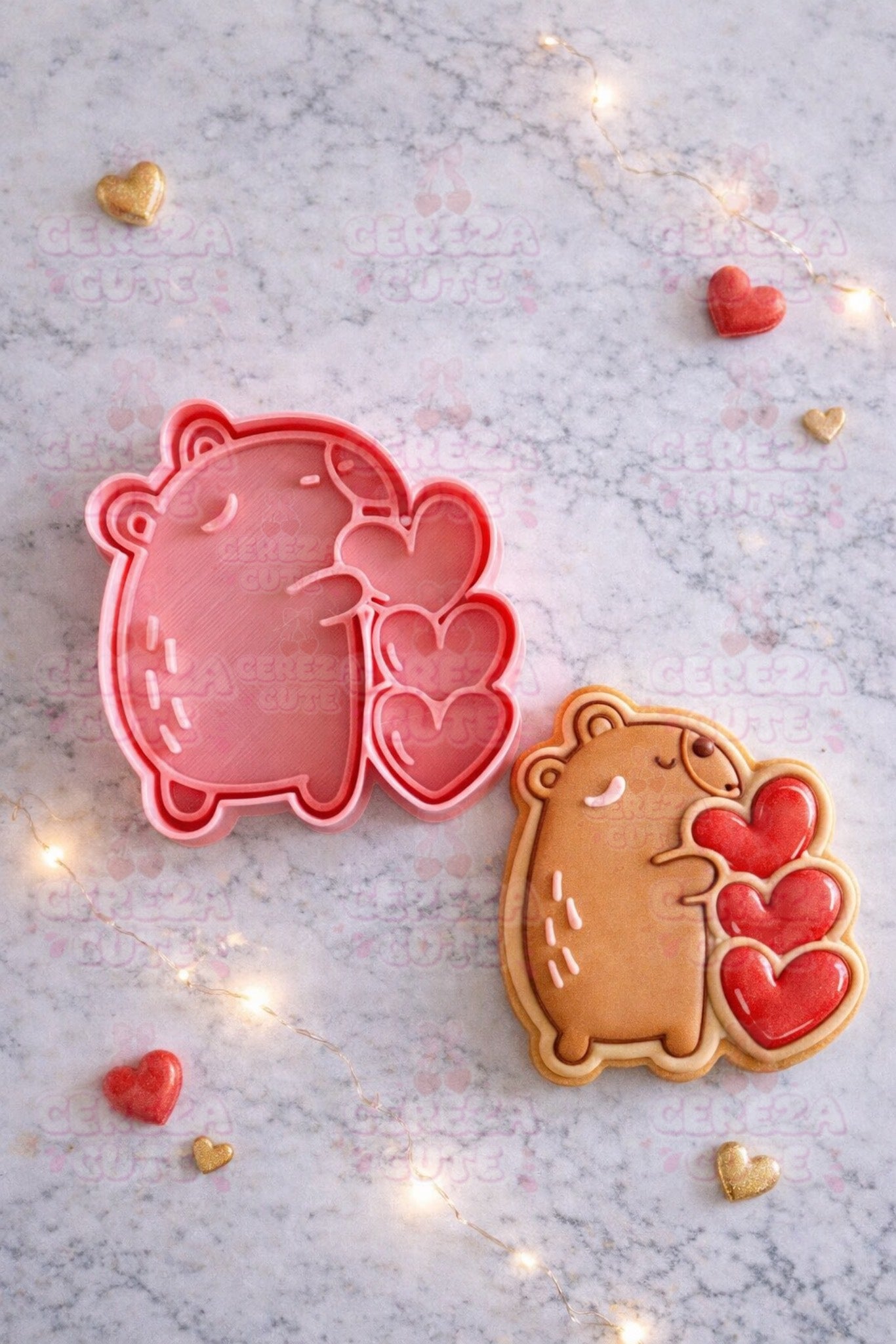 Cortador y sello de galleta capibara 3 corazones san valentin amor y amistad para fondant reposteria, galletas, masa fria y manualidades.