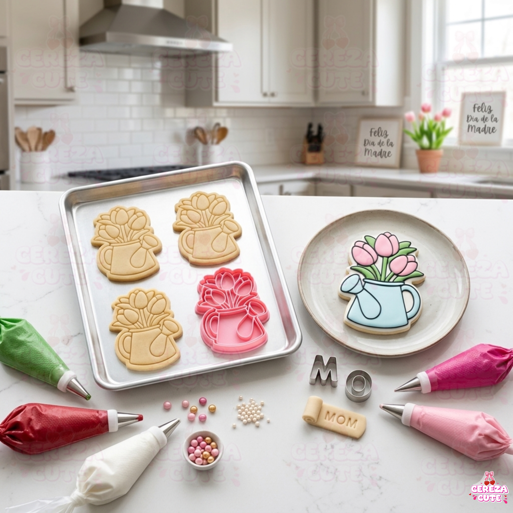 Cortador y sello de galletas Regador tulipanes para fondant reposteria, galletas, masa fria y manualidades.