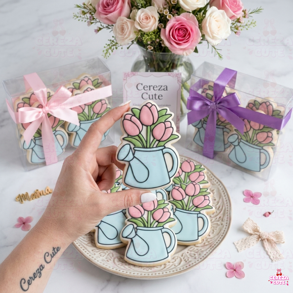 Cortador y sello de galletas Regador tulipanes para fondant reposteria, galletas, masa fria y manualidades.