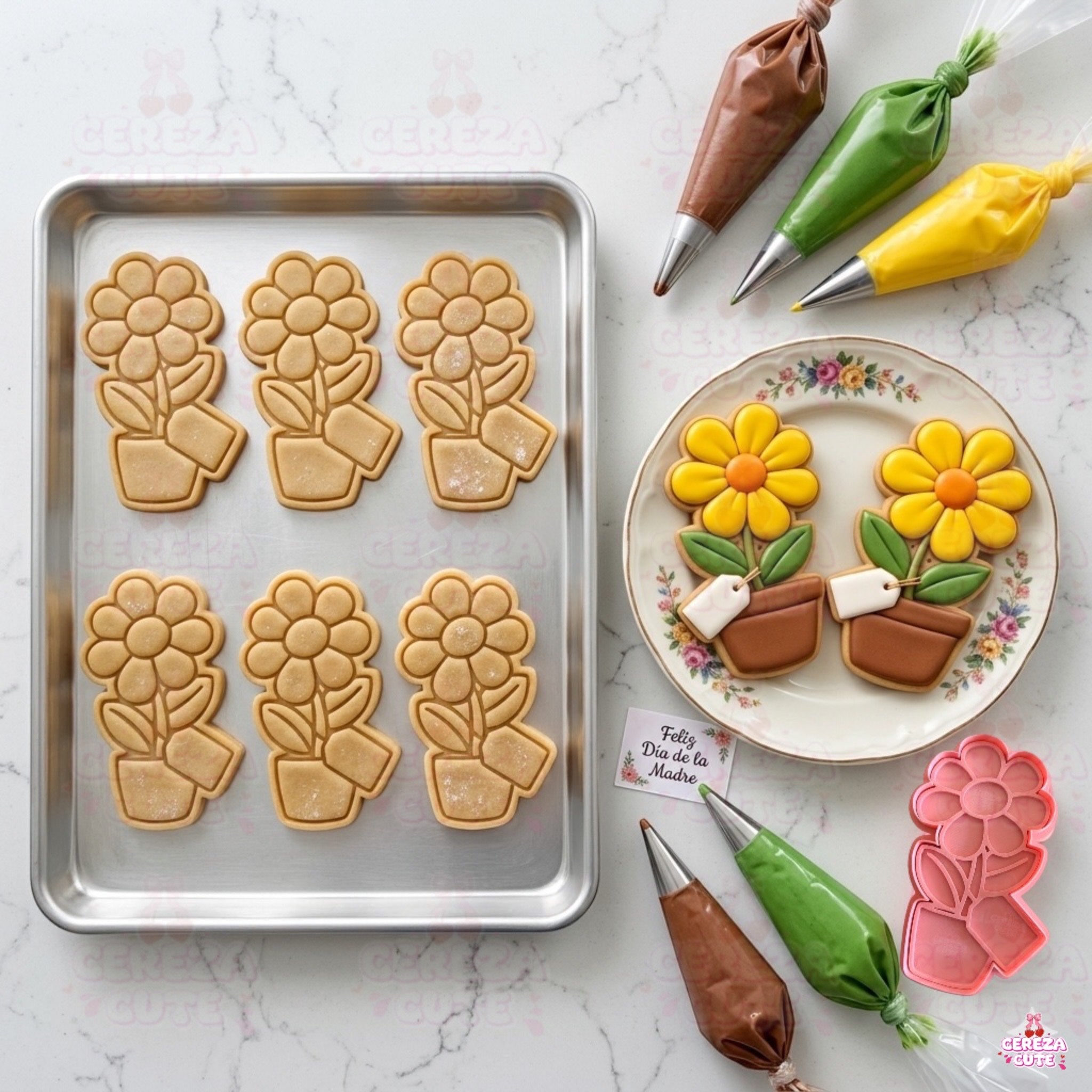 Cortador y sello de galleta Maceta con flor dia de la Madre para fondant reposteria, galletas, masa fria y manualidades.