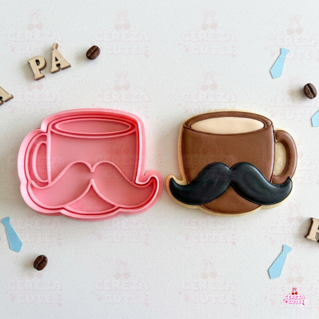 Cortador y sello de galletas taza cafe de bigotes para fondant reposteria, galletas, masa fria y manualidades.