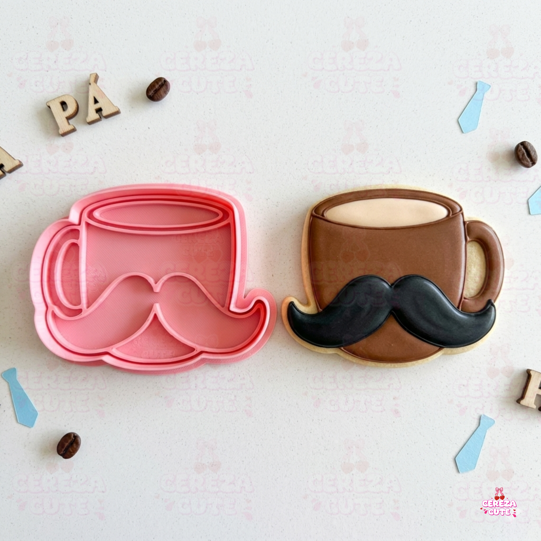 Cortador y sello de galletas taza cafe de bigotes para fondant reposteria, galletas, masa fria y manualidades.