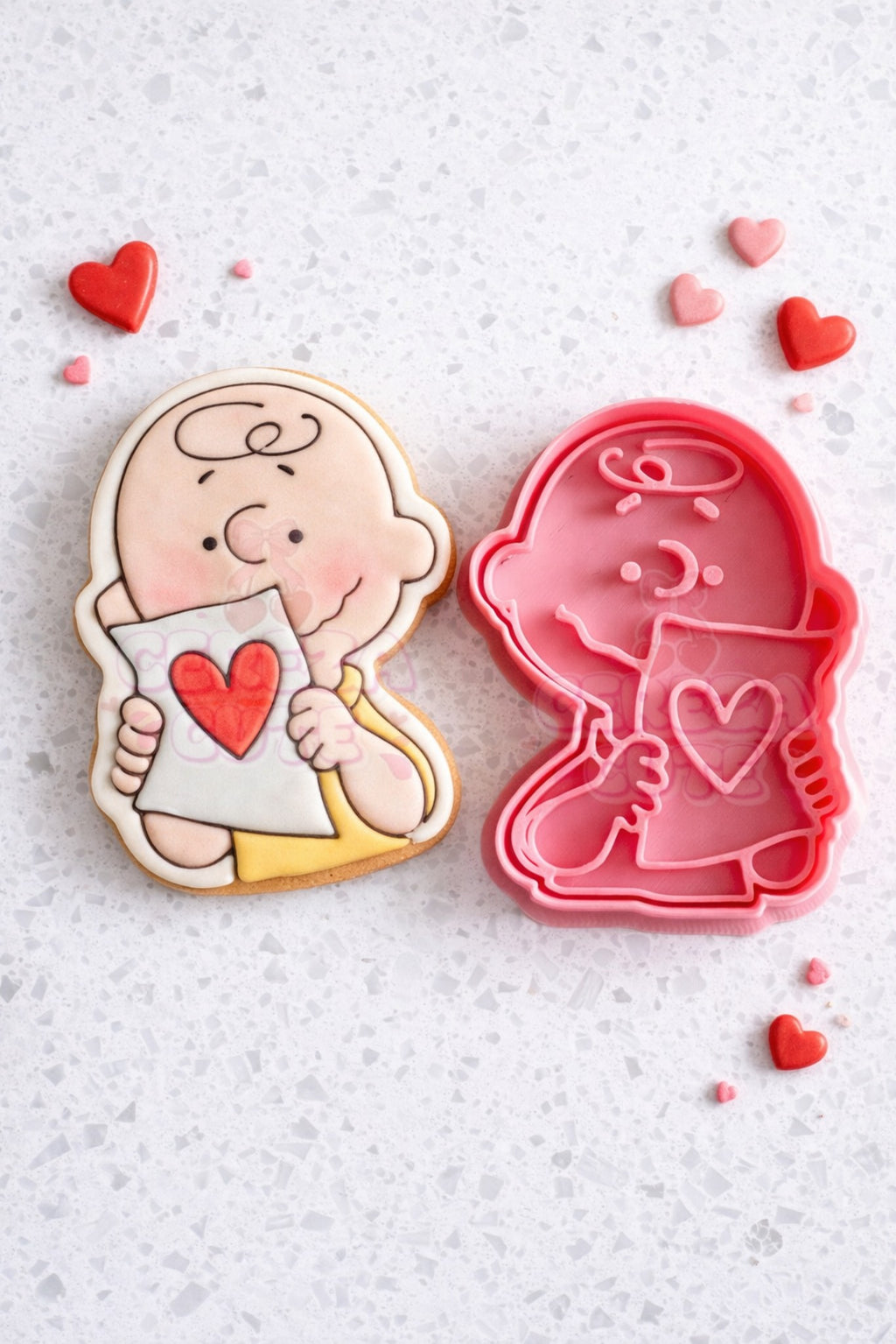 Cortador y sello de galleta Cabeza niño con corazon dibujo animado para fondant reposteria, galletas, masa fria y manualidades.