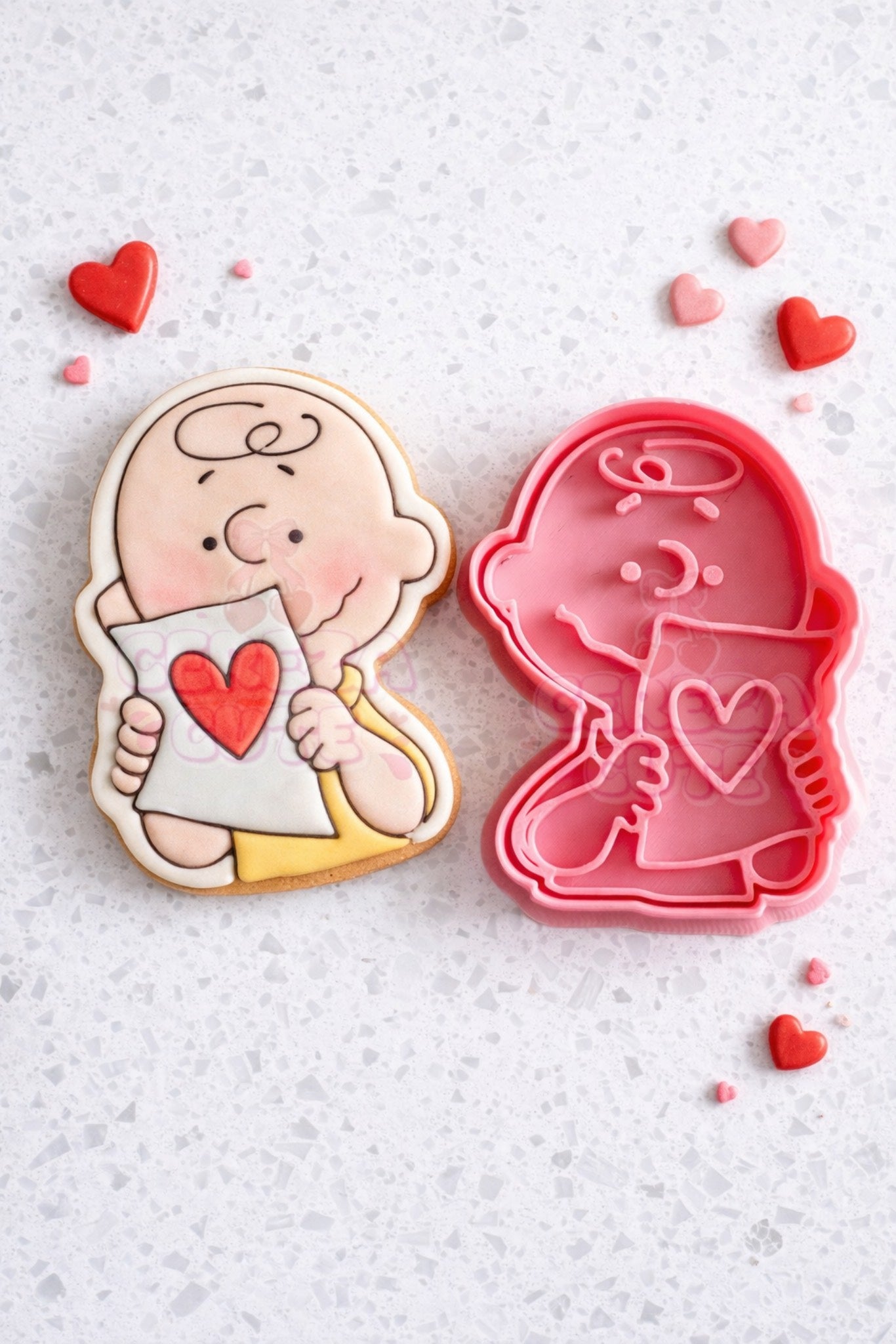 Cortador y sello de galleta Cabeza niño con corazon dibujo animado para fondant reposteria, galletas, masa fria y manualidades.