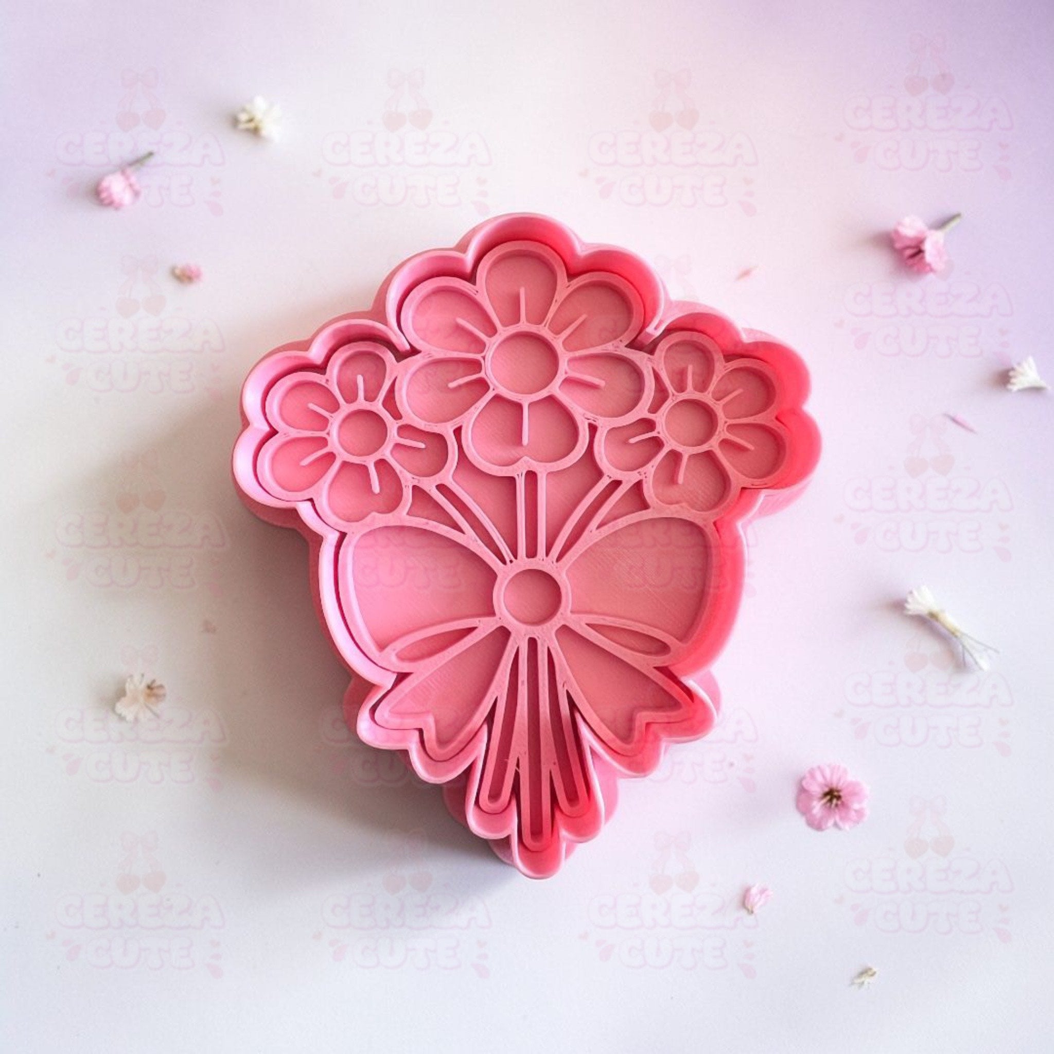 Cortador y sello de galletas Ramos de flores con lazo para fondant reposteria, galletas, masa fria y manualidades.