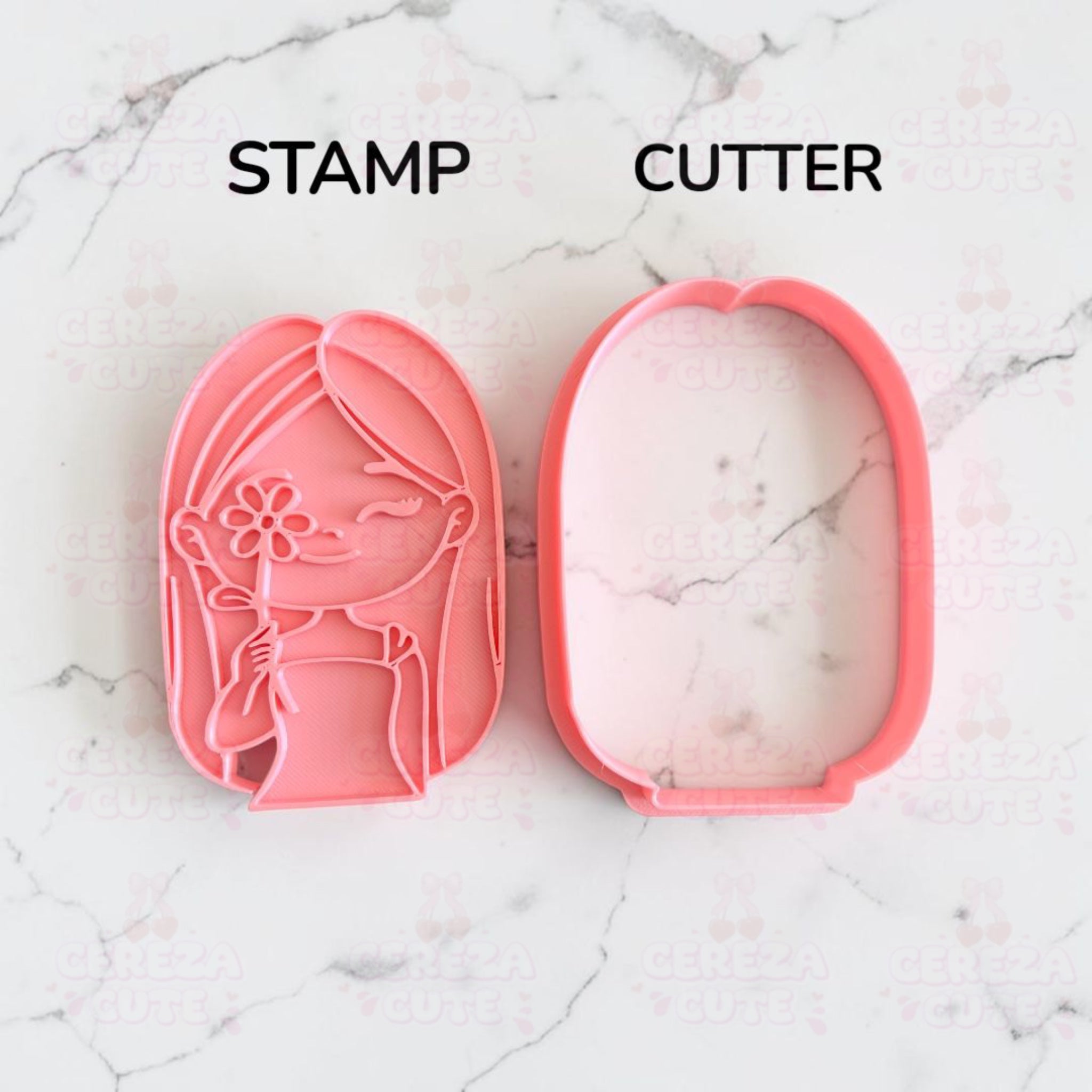 Cortador y sello de galletas Mujer con flor para fondant reposteria, galletas, masa fria y manualidades.