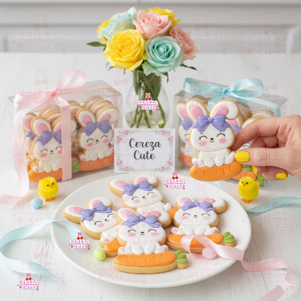 Cortador y sello de galleta Conejo encima de zanahoria pascua para fondant reposteria, galletas, masa fria y manualidades.