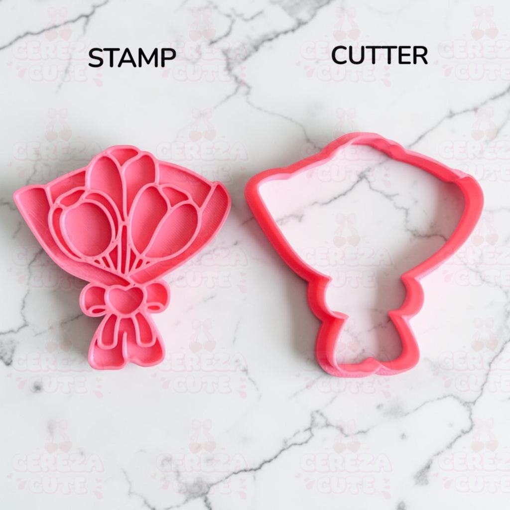 Cortador y sello de galletas Ramo de flores Tulipanes para fondant reposteria, galletas, masa fria y manualidades.