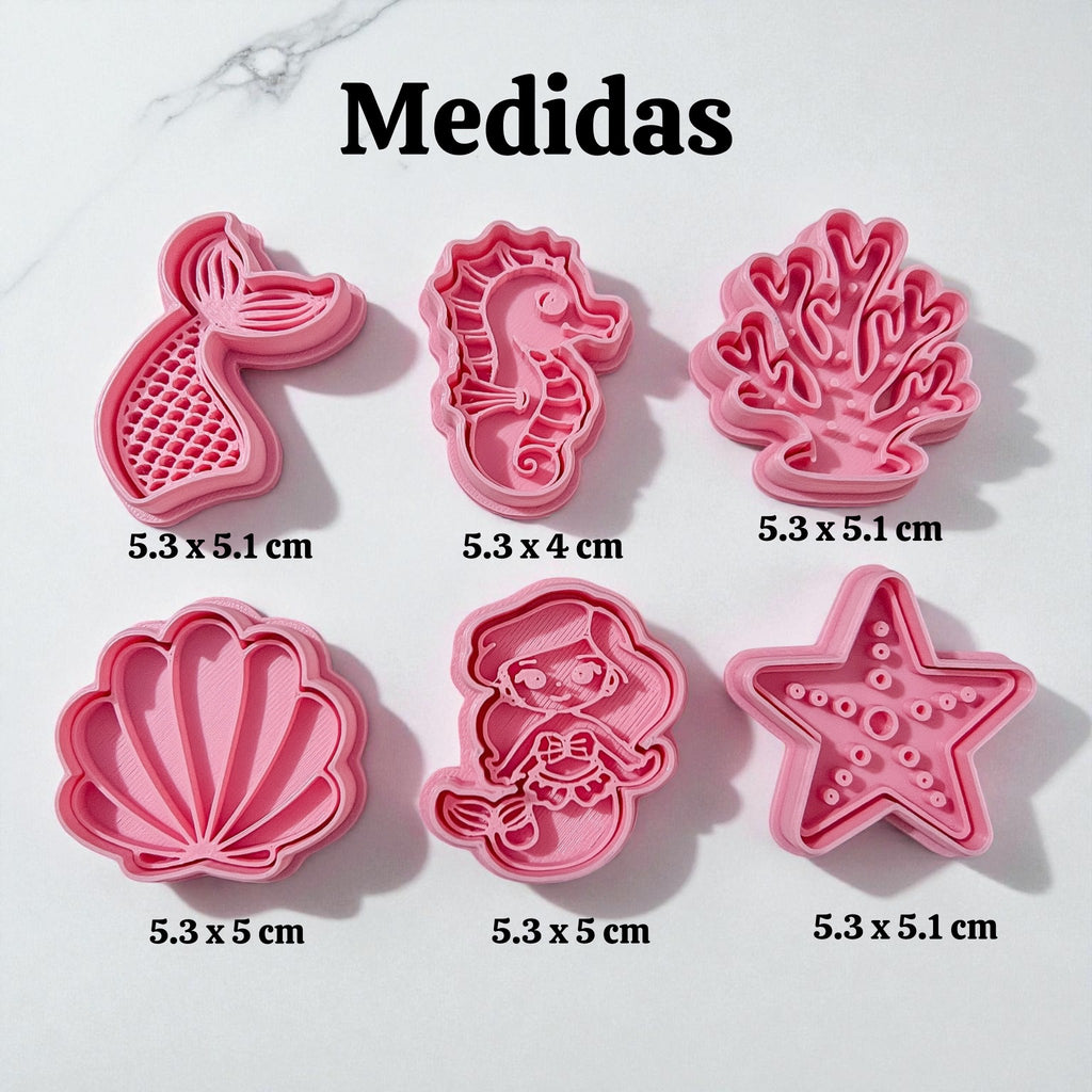 Cortadores y sellos de galletas Set de 6 figuras de Animales del mar, vaca, sirena 5cm para fondant reposteria, galletas, masa fria y manualidades.