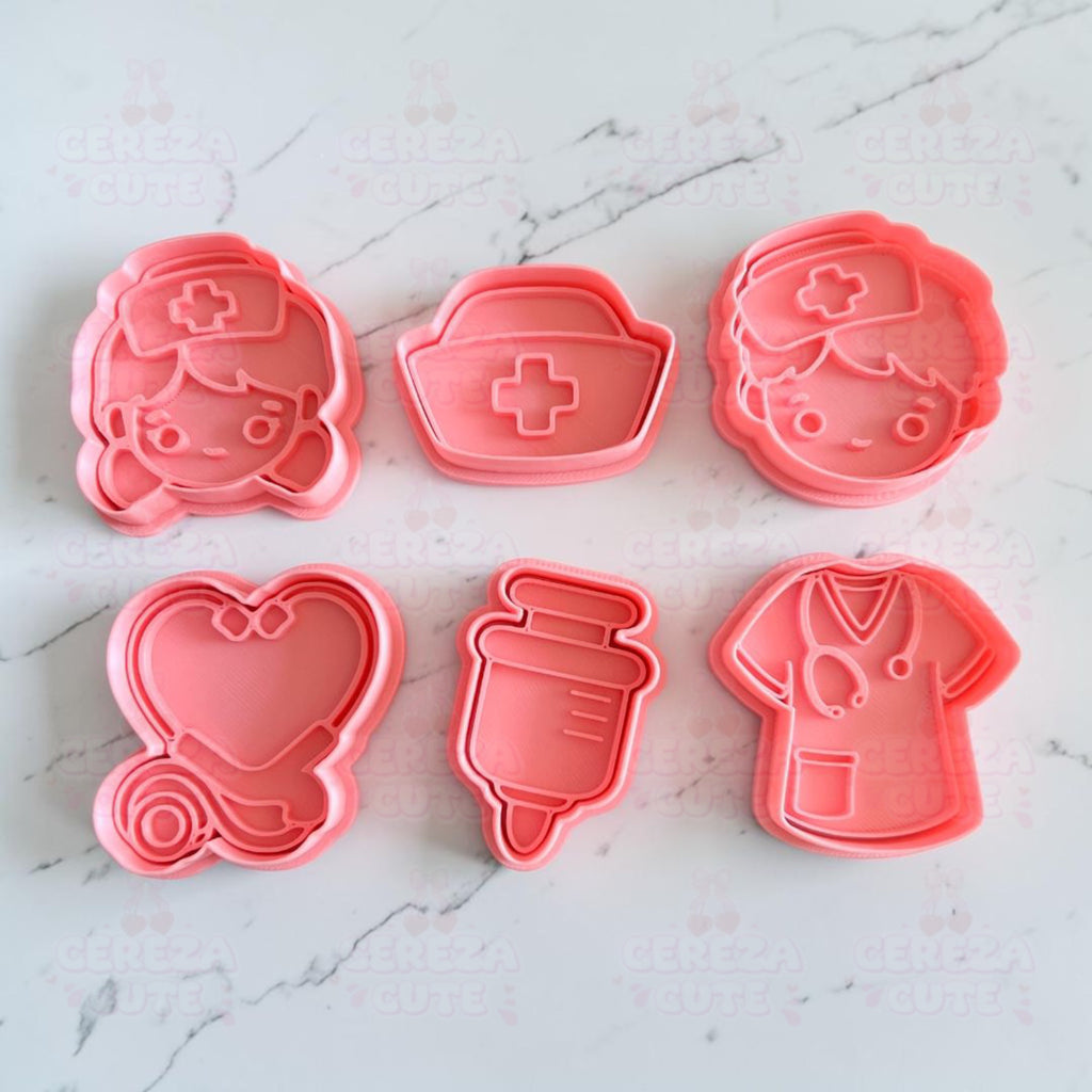 Cortadores y sellos de galletas Set de 6 diseños de enfermeria, de 5cm para fondant reposteria, galletas, masa fria y manualidades.