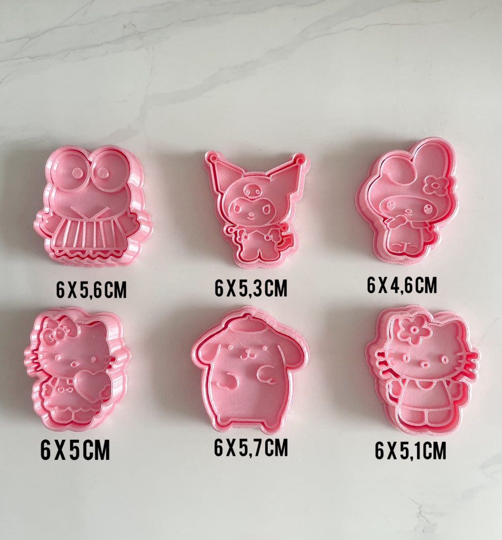 Cortadores y sellos de galletas, Set de 6 figuras de Anime Kawaii Gata Kitty 6cm para fondant, reposteria, galletas, masa fria y manualidades.