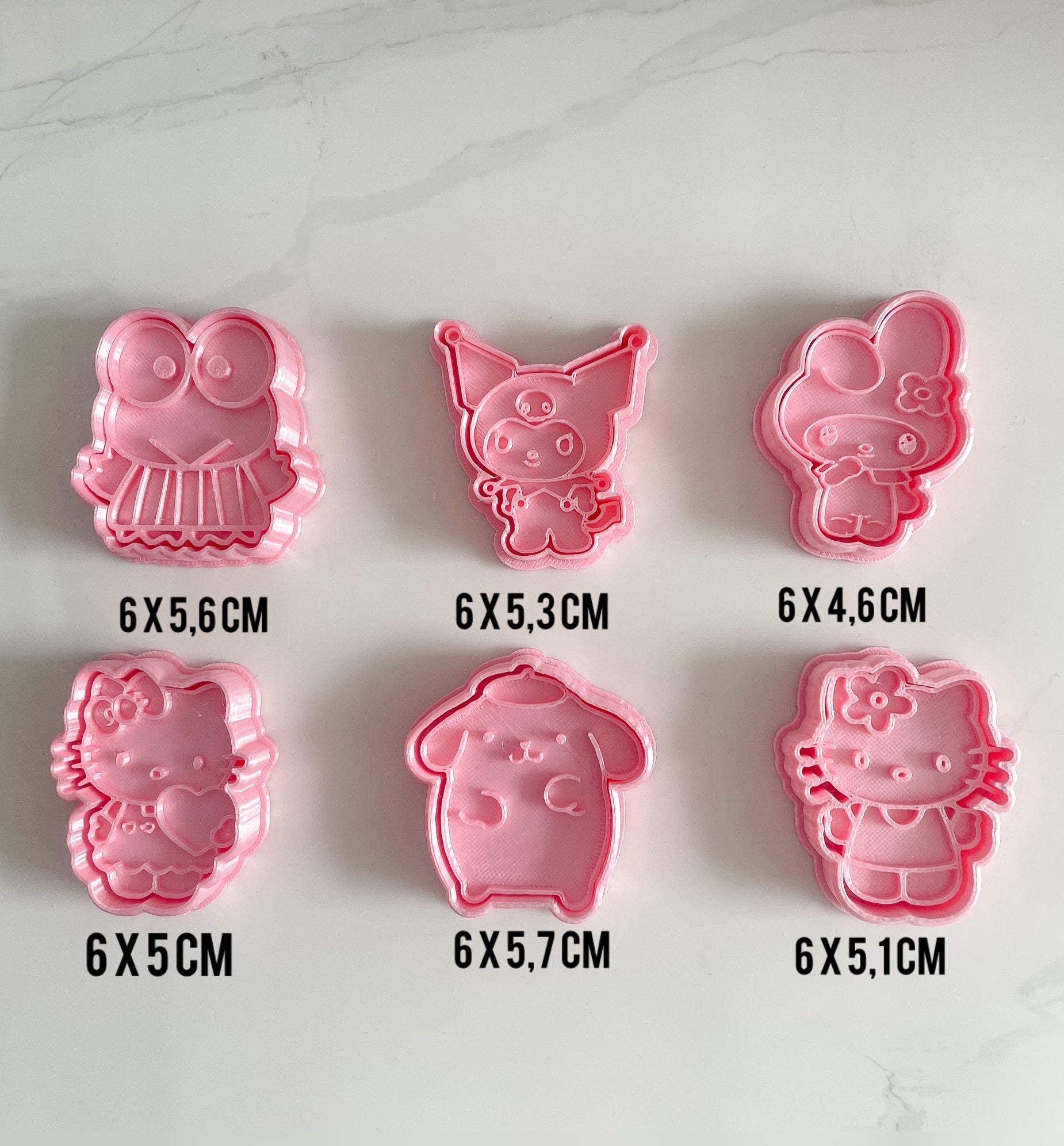 Cortadores y sellos de galletas, Set de 6 figuras de Anime Kawaii Gata Kitty 6cm para fondant, reposteria, galletas, masa fria y manualidades.