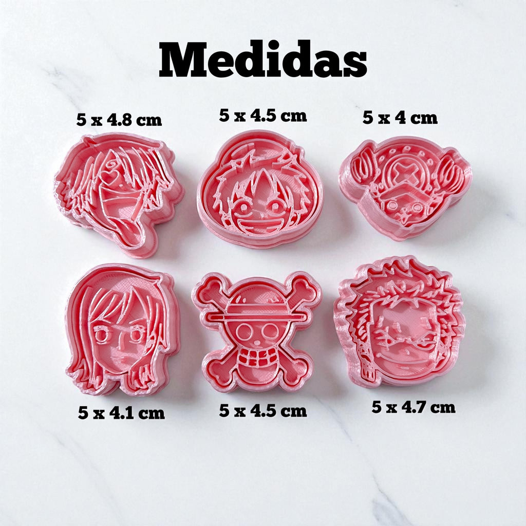 Cortadores y sellos de galletas Set de 6 figuras de Anime one piece 5cm para fondant reposteria, galletas, masa fria y manualidades.