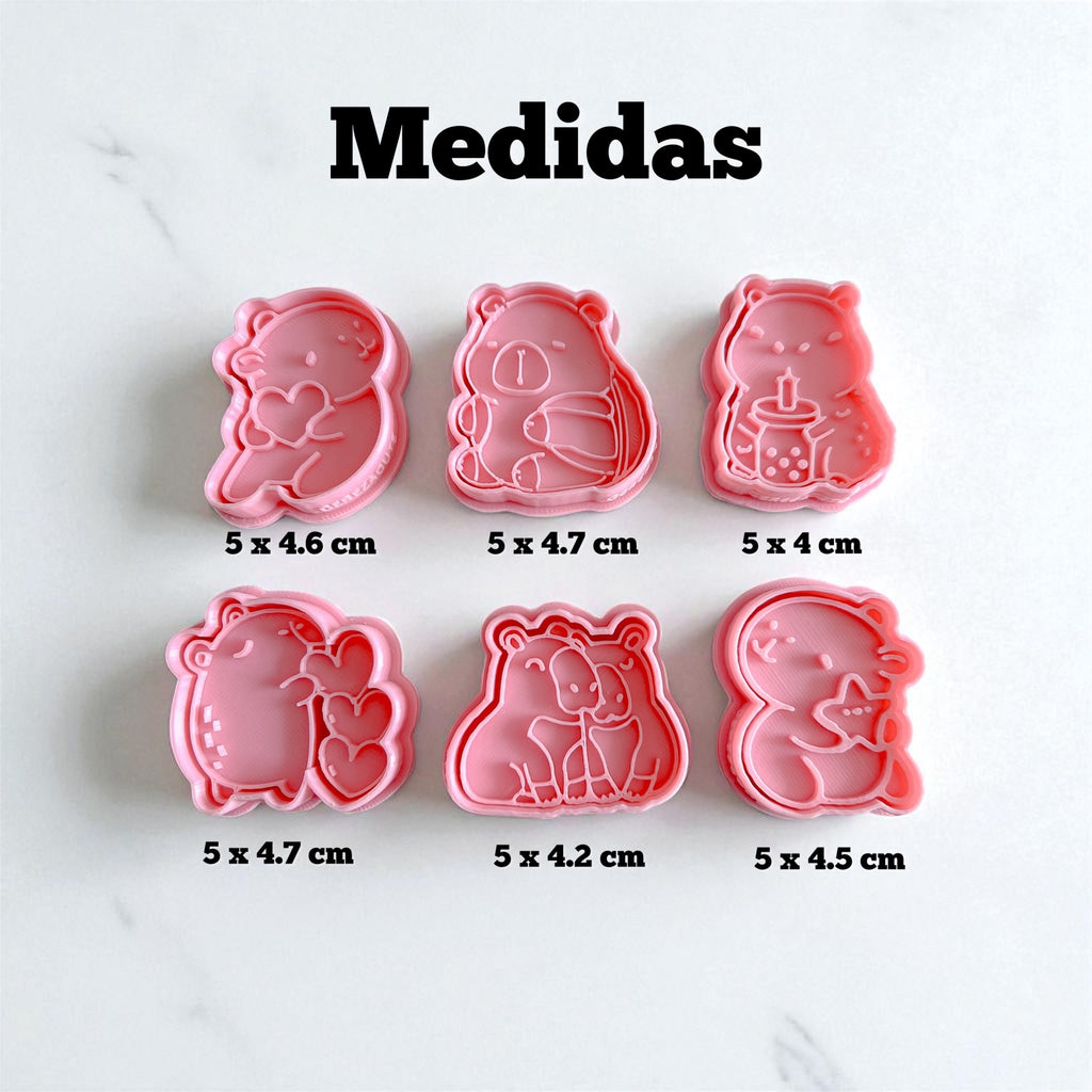 Cortadores y sellos de galletas, Set de 6 figuras de Capibara 5cm, fondant, reposteria, galletas, masa fria y manualidades (Copia)