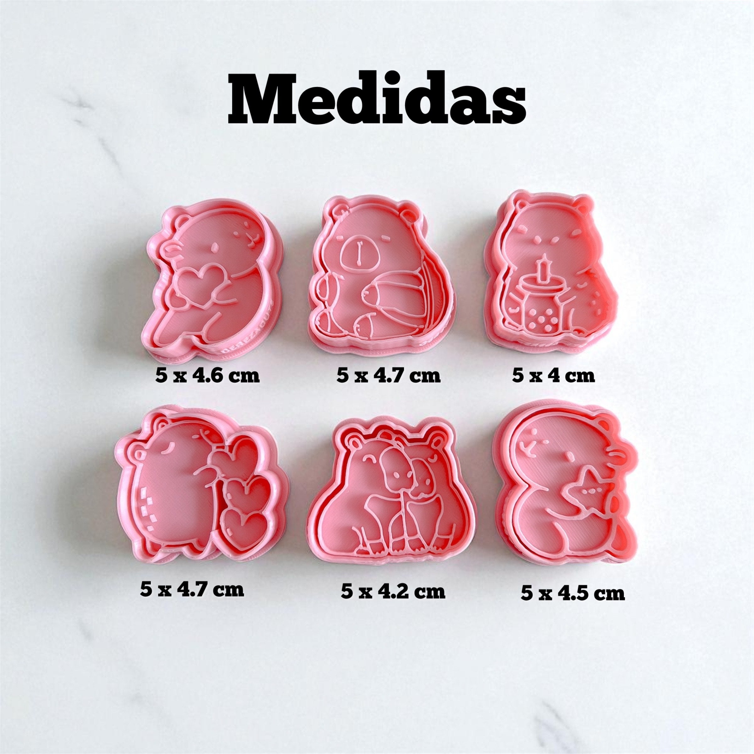 Cortadores y sellos de galletas, Set de 6 figuras de Capibara 5cm, fondant, reposteria, galletas, masa fria y manualidades (Copia)