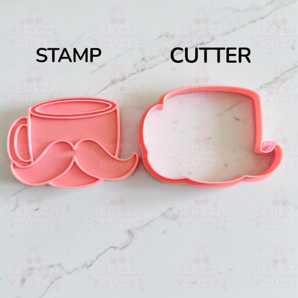 Cortador y sello de galletas taza cafe de bigotes para fondant reposteria, galletas, masa fria y manualidades.