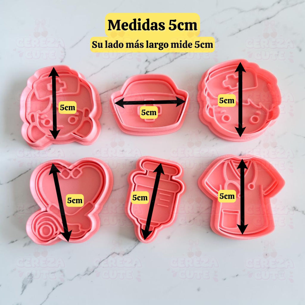 Cortadores y sellos de galletas Set de 6 diseños de enfermeria, de 5cm para fondant reposteria, galletas, masa fria y manualidades.