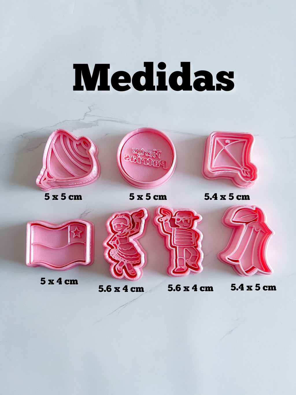 Cortadores y sellos de galletas, Set de 7 figuras de fechas patrias chile 5cm para fondant, reposteria, galletas, masa fria y manualidades