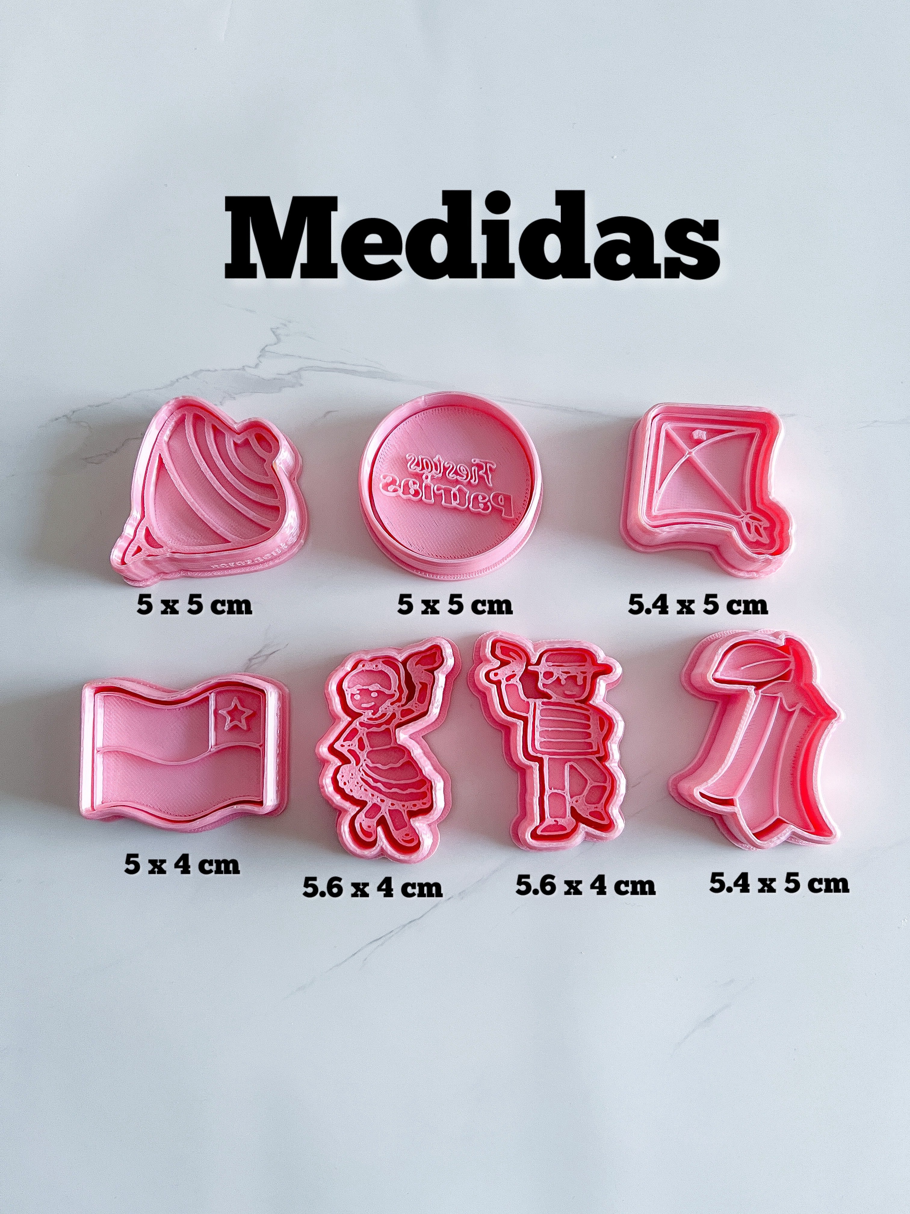Cortadores y sellos de galletas, Set de 7 figuras de fechas patrias chile 5cm para fondant, reposteria, galletas, masa fria y manualidades