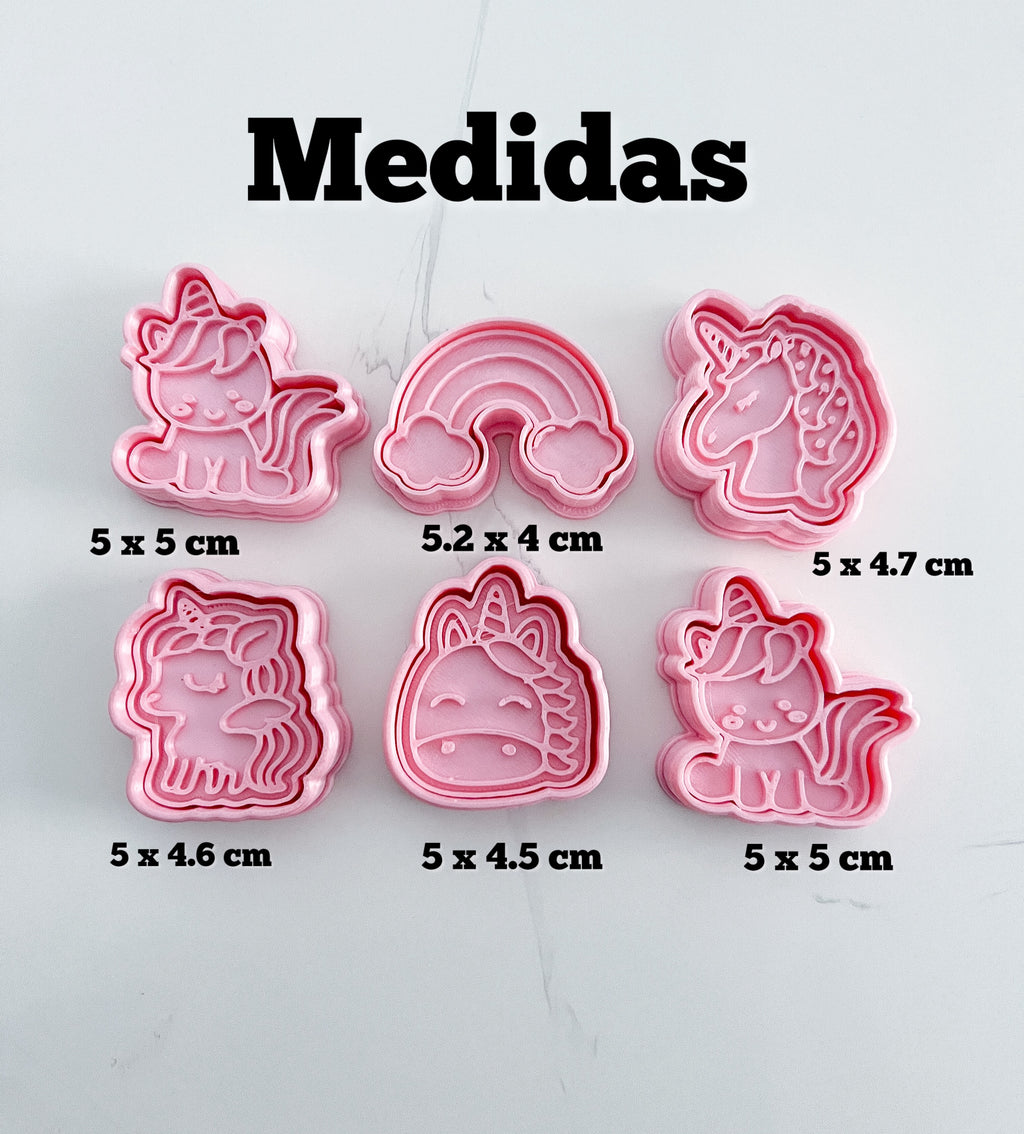 Cortadores y sellos de galletas, Set de 6 figuras de Unicornio, nubes 5cm para fondant reposteria, galletas, masa fria y manualidades.