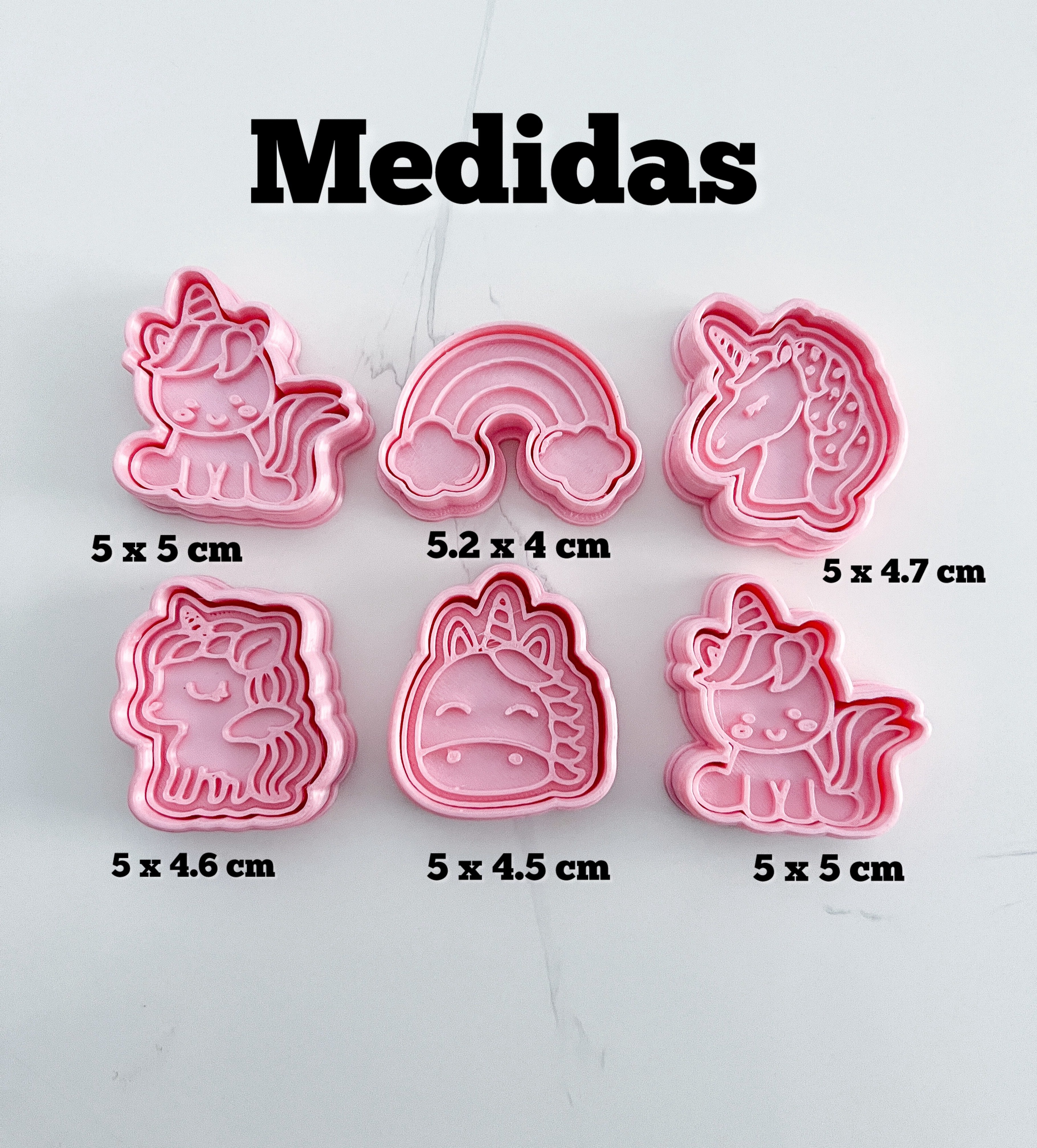 Cortadores y sellos de galletas, Set de 6 figuras de Unicornio, nubes 5cm para fondant reposteria, galletas, masa fria y manualidades.